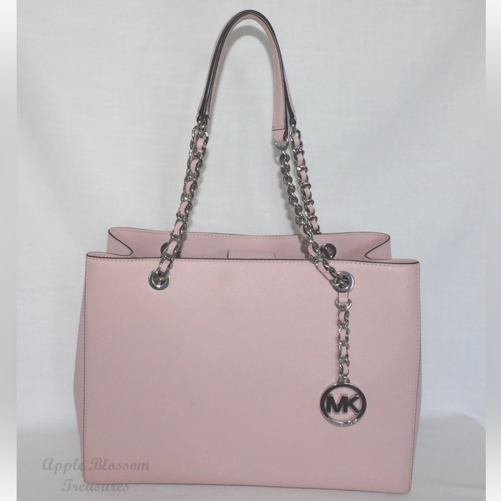 Michael Kors Pink Susannah Lg Leather Shoulder Tote Bag-Blush Pink/Silver Accent